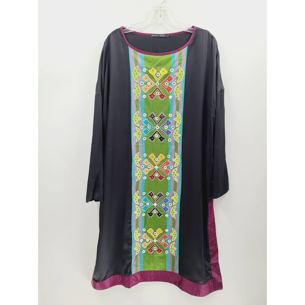 Gudrun Sjoden Black Midi Dress with Green Embroidered Panel and Magenta Trim